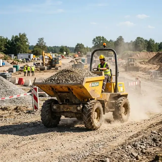 Wozidło budowlane przewożące duży ładunek kruszywa na placu budowy